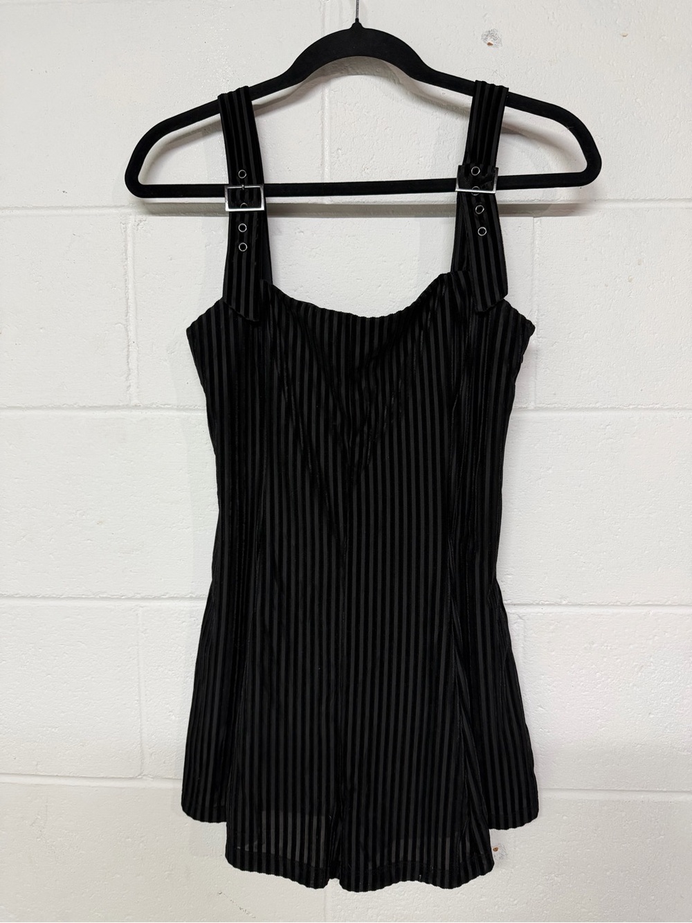 Forever 21 Black Pinstriped One-Piece Romper with Buckle Straps